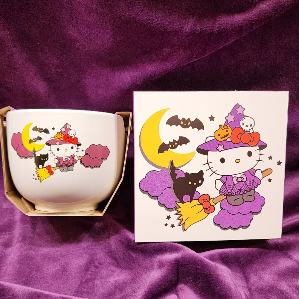 Hello Kitty Witch Noodle Bowl & Block Sign Wall Art Picture Halloween Decor